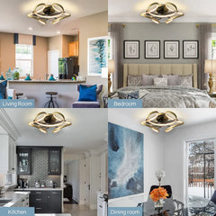 Ceiling Fan with Light Low Profile Modern Ceiling Fan with Remote 6 Speeds 3 Colors Dimmable Bladeless Flush Mount Ceiling Fans Reversible Geometric for Living Room Bedroom Kitchen Gold