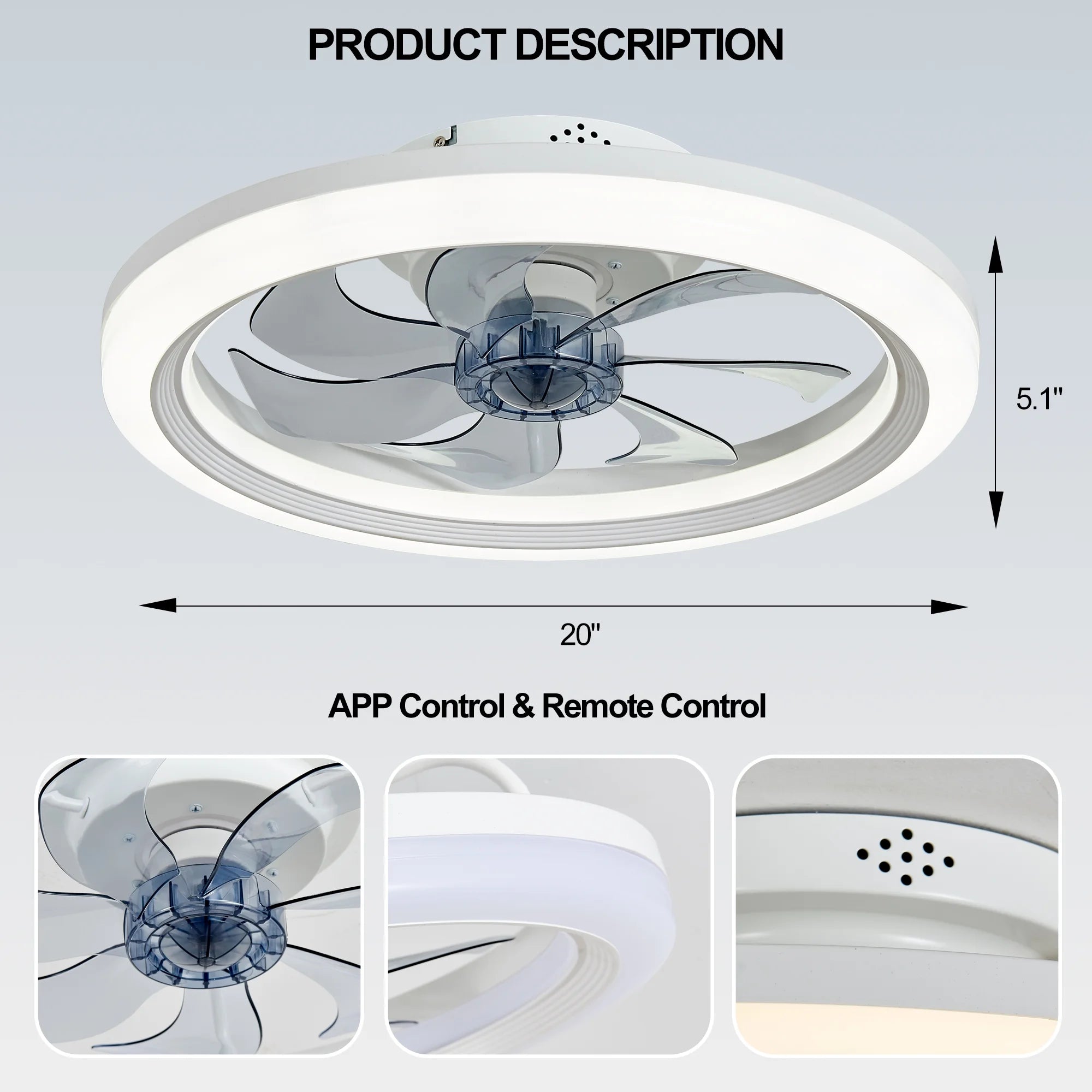 Ceiling Fans with Lights,20" Low Profile Ceiling Fan with Light,Dimmable LED Ceiling Fan,Modern Flush Mount Fan Light,App & Remote Control,Bladeless Ceiling Fans for Bedroom,Living Room-White