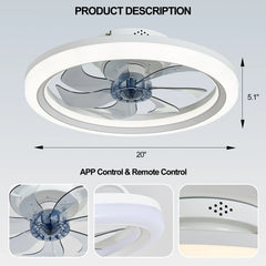 Ceiling Fans with Lights,20" Low Profile Ceiling Fan with Light,Dimmable LED Ceiling Fan,Modern Flush Mount Fan Light,App & Remote Control,Bladeless Ceiling Fans for Bedroom,Living Room-White