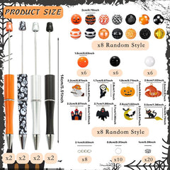 8PCS Black Orange Halloween Pumpkin Devil Castle Bat Theme DIY Bead Ballpoint Pen Acrylic Bead DIY Set DIY Bead Supplies, Paired with Colorful Halloween Pendant, Suitable for Office and Study Supplies for Party and Birthday Gifts to Friends