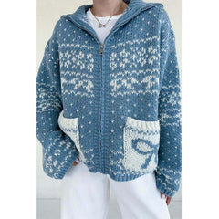 Claire Ribbon Zip up Cardigan in Dusty Blue