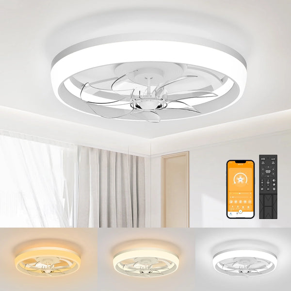 19" Ceiling Fan with Light - 3 Colors Lighting, 6 Wind Speeds, Remote Control&App, Modern Dimmable LED, Smart Ceiling Fan for Bedroom(White)