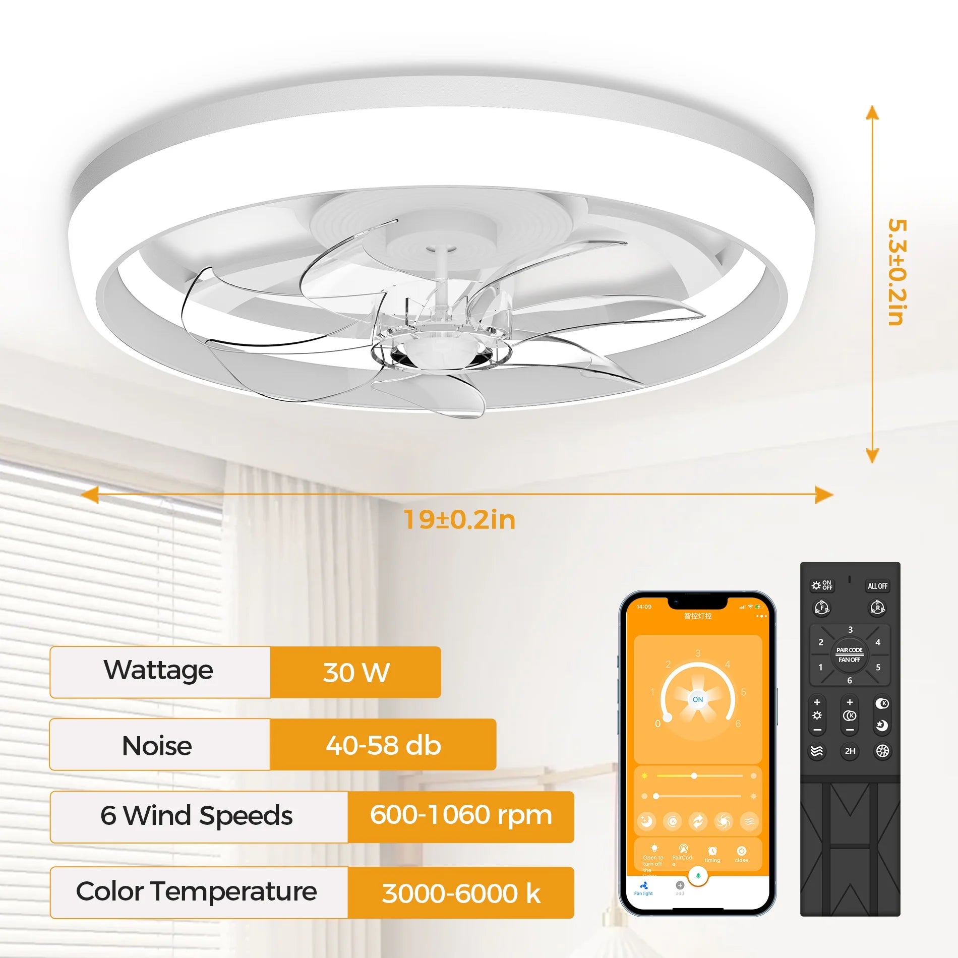 19" Ceiling Fan with Light - 3 Colors Lighting, 6 Wind Speeds, Remote Control&App, Modern Dimmable LED, Smart Ceiling Fan for Bedroom(White)