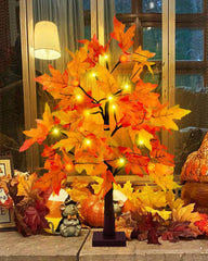 25" Artificial Fall Maple Leaves Light Tree, 24 LED Autumn Table Lights Wedding Party Fall Decorations for Home