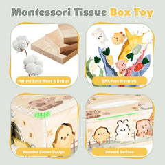 Baby Tissue Box Toy - Wooden Montessori Toys , Educational Baby Toys for Preschool Learning Fine Motor Skills, Activity Cube Sensory, Multifunctional Stuffers Learning Toy