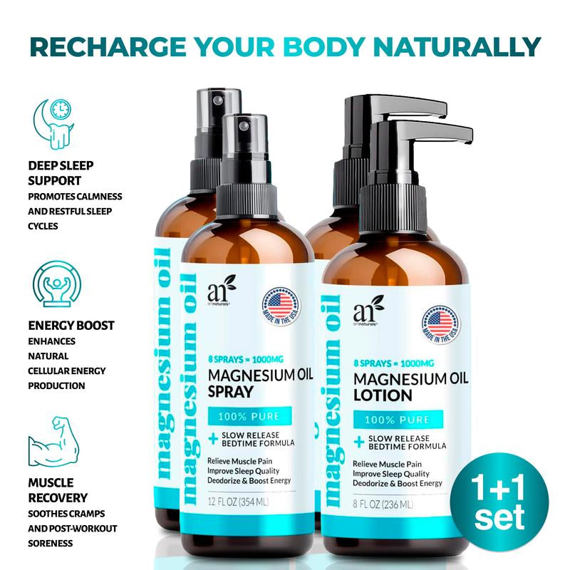 Artnaturals Magnesium Oil Spray 12 Oz + Body Massage Lotion Set 8Oz for Feet & Sleep - Extra Strength Cream Ultra-Pure, Relief & Relaxation, Muscle Health Leg & Joint Care Topical Non Itch