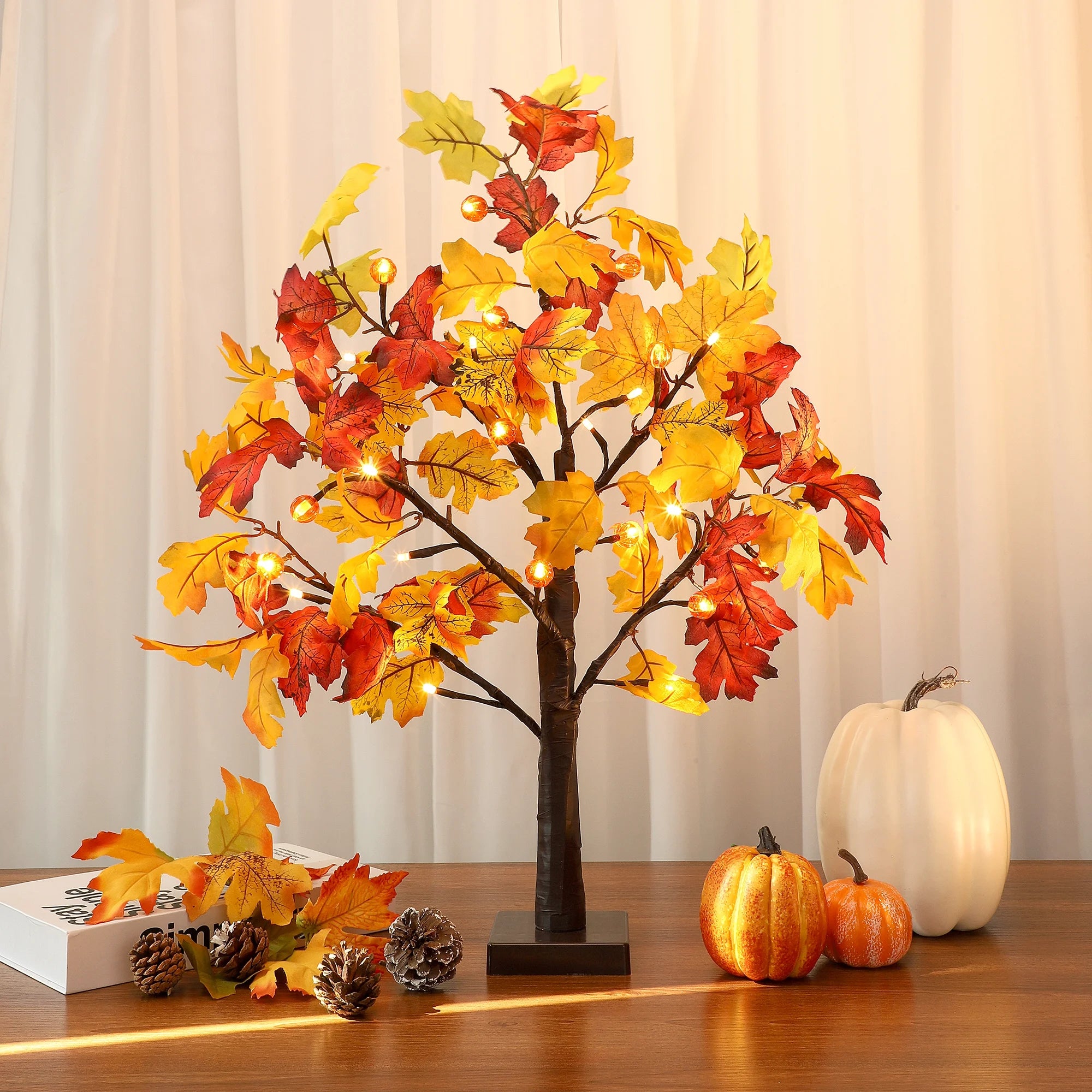 25" Artificial Fall Maple Leaves Light Tree, 24 LED Autumn Table Lights Wedding Party Fall Decorations for Home