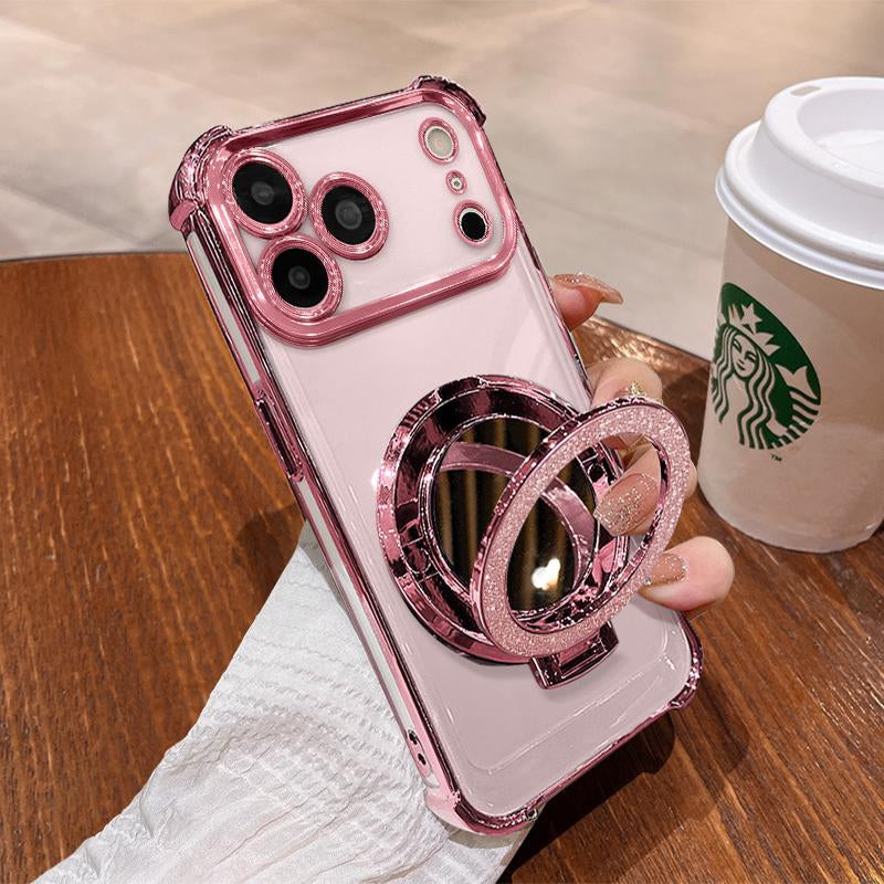 Women'S Phone Case with Mirror & Stand for Iphone 17 Promax/Pro/Air. Features a Pink Chrome Alloy Frame, High-Definition Transparent Material, Reinforced Corner Protection, and Full-Body Drop-Resistant Design.