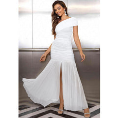 Aprilake Women'S Elegant Formal One Shoulder Sleeveless Ruched Bodycon Evening Vacation Mesh Long Dress