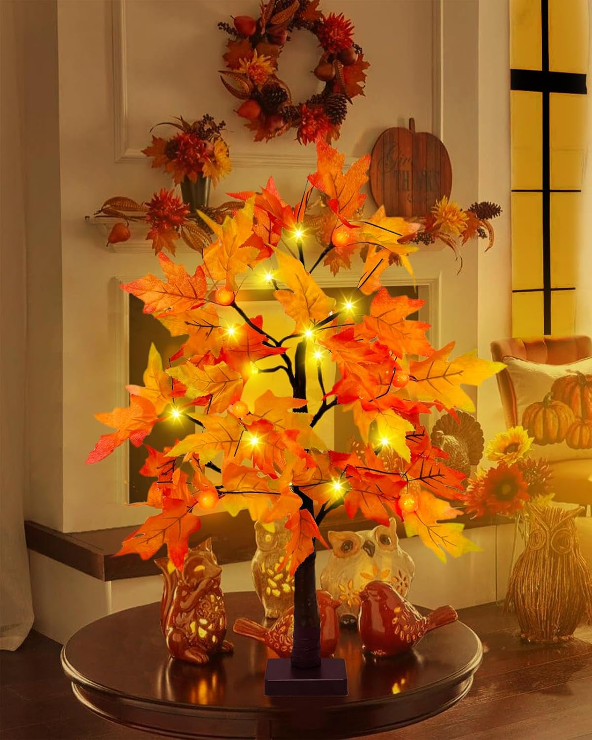 25" Artificial Fall Maple Leaves Light Tree, 24 LED Autumn Table Lights Wedding Party Fall Decorations for Home