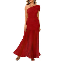 Aprilake Women'S Elegant Formal One Shoulder Sleeveless Ruched Bodycon Evening Vacation Mesh Long Dress