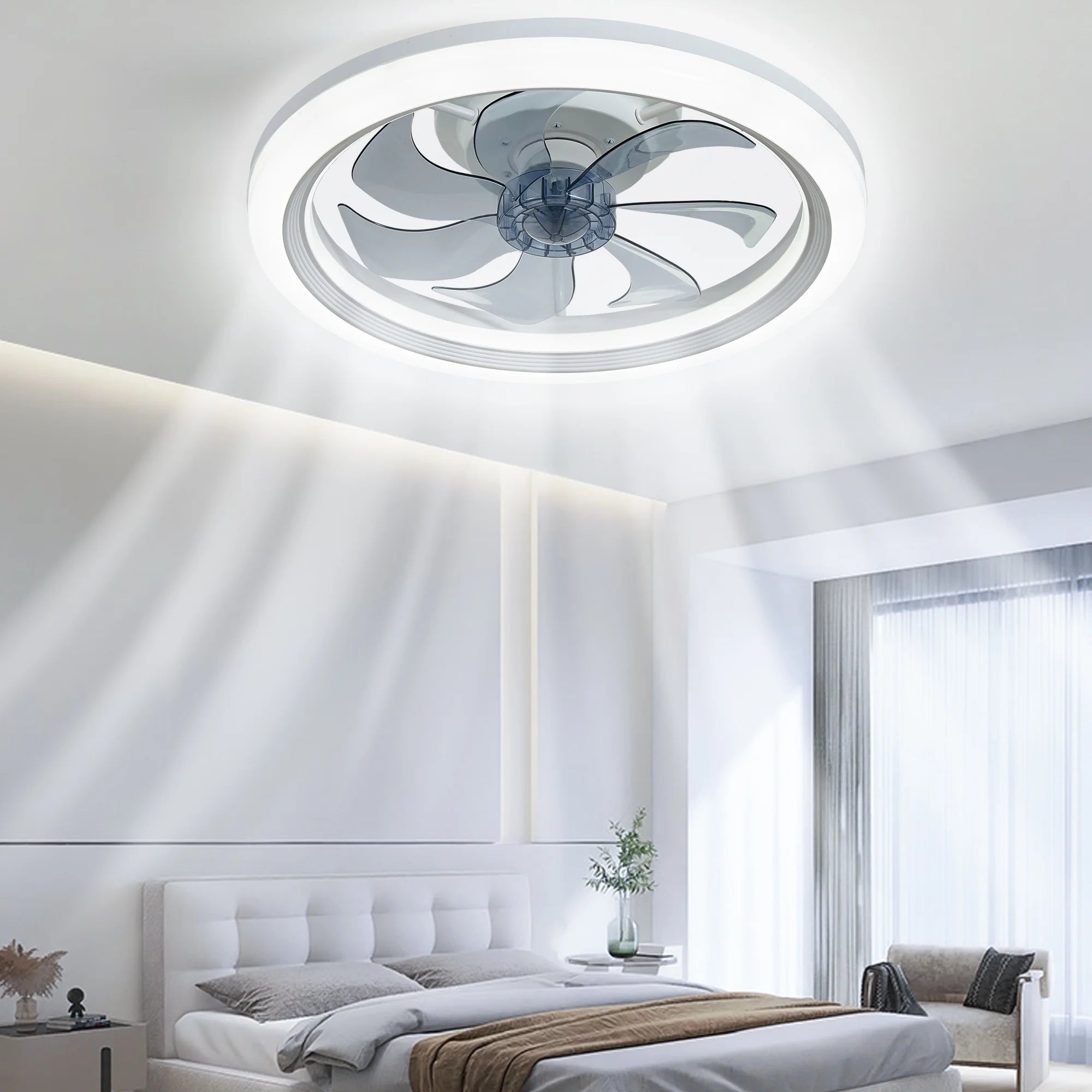 Ceiling Fans with Lights,20" Low Profile Ceiling Fan with Light,Dimmable LED Ceiling Fan,Modern Flush Mount Fan Light,App & Remote Control,Bladeless Ceiling Fans for Bedroom,Living Room-White