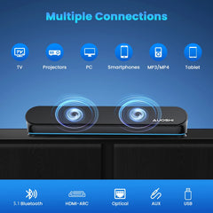 2.1Ch Small Sound Bar for TV, 60W Bluetooth Soundbar with Subwoofer & Remote Control, 5 EQ Modes, HDMI Arc/Optical/Aux/Usb, Home Theater Surround Sound System, 16.5 Inch