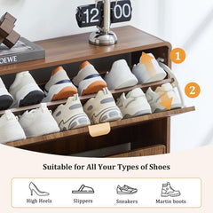 Giratree Shoe Storage Cabinet for Entryway with 2 4 Flip Drawers, Freestanding Narrow Wood Shoe Cabinet with Wave Panel, Hidden Shoe Organizer for Foyer, Hallway