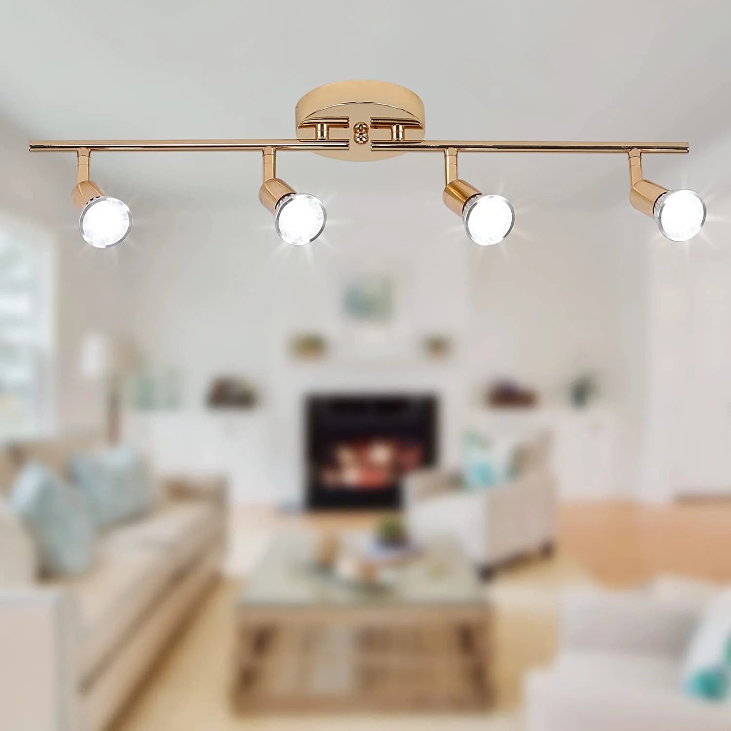 Modern 4-Light Track Lighting Kit, Flush Mount Wall/Ceiling Spot Lights Fixture, LED Track Light with Gold Flexibly Rotatable Light Head for Kitchen Living Room, 4×GU10 Bulb (Included)