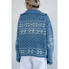 Claire Ribbon Zip up Cardigan in Dusty Blue