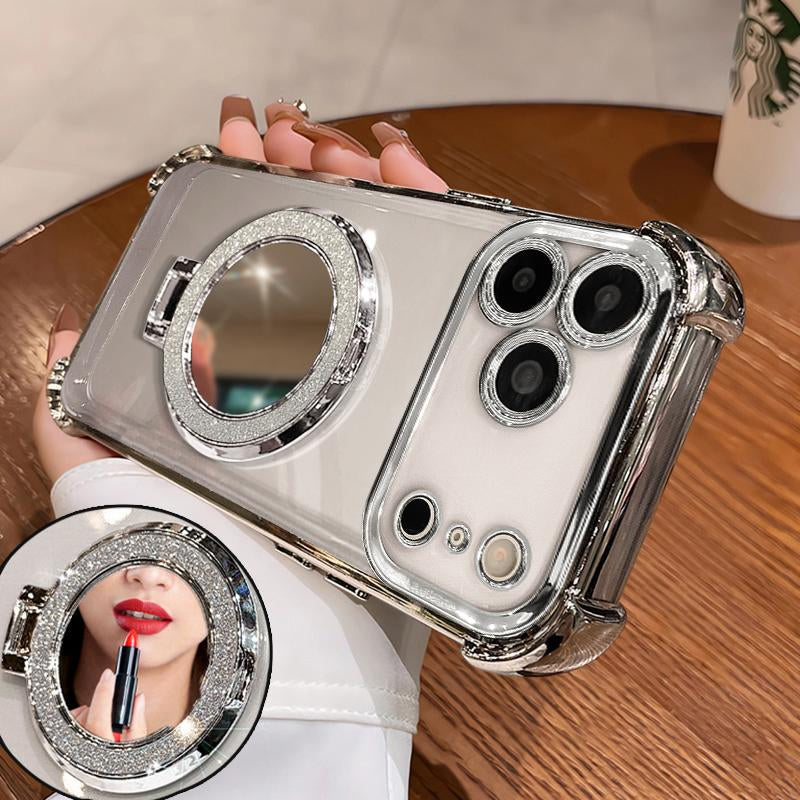Women'S Phone Case with Mirror & Stand for Iphone 17 Promax/Pro/Air. Features a Silver Chrome Alloy Frame, High-Definition Transparent Material, Reinforced Corner Protection, and Full-Body Drop-Resistant Design.
